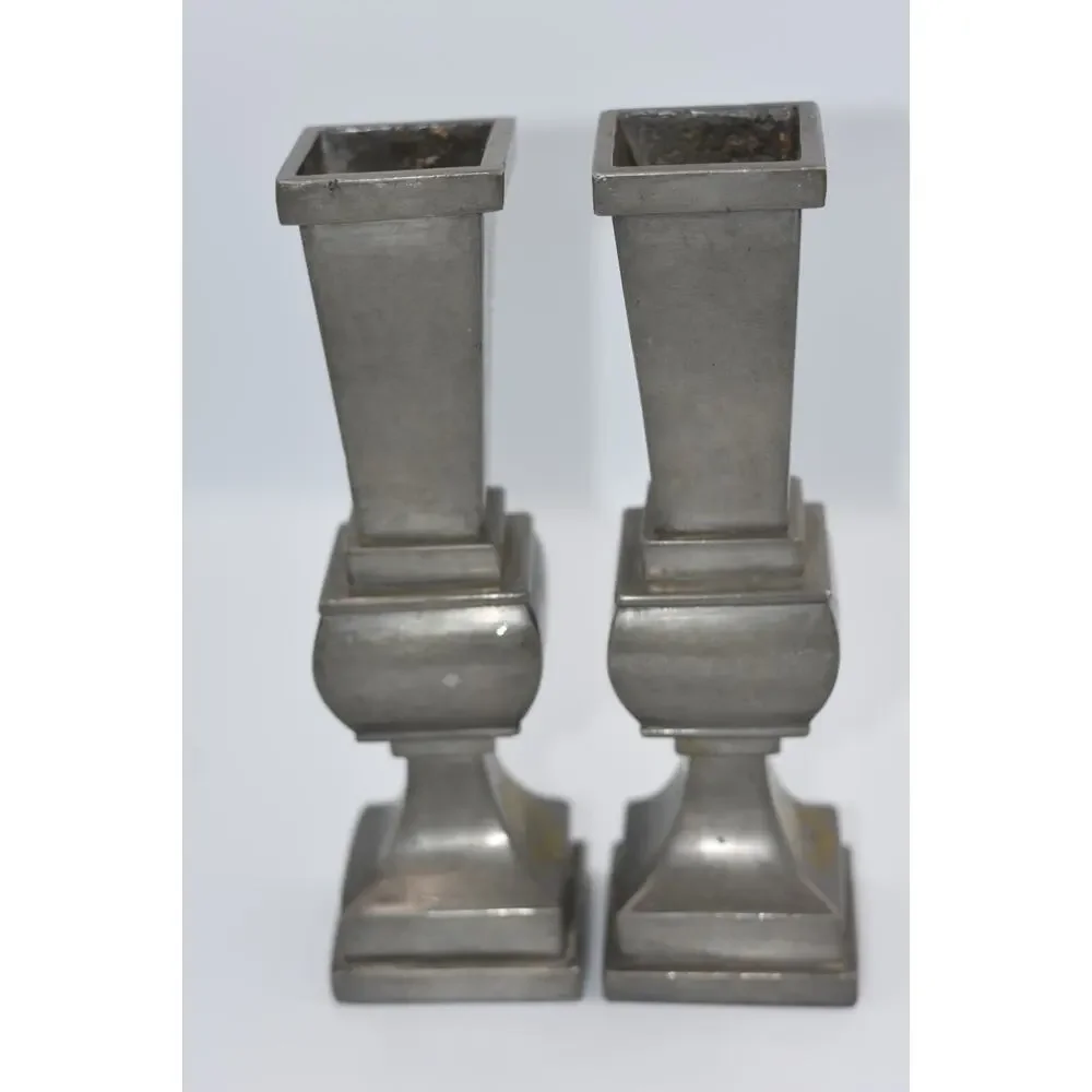 Chinese Pewter & Brass Temple Alter Candlesticks Joss Stick Holder Garniture